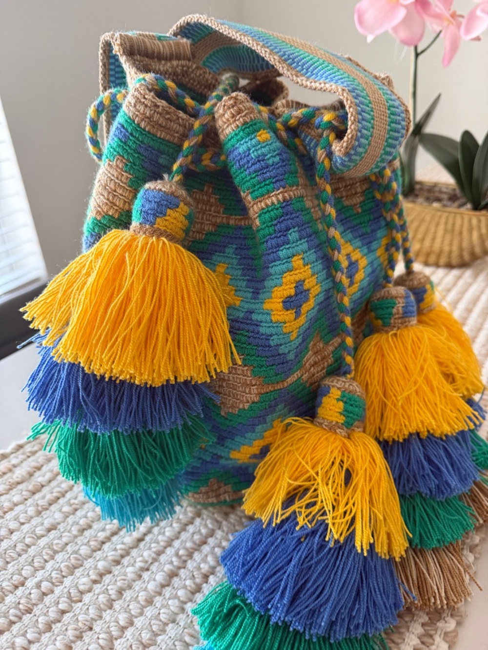 Handwoven Tassel Bucket Bag - Teal, Yellow & Royal Blue